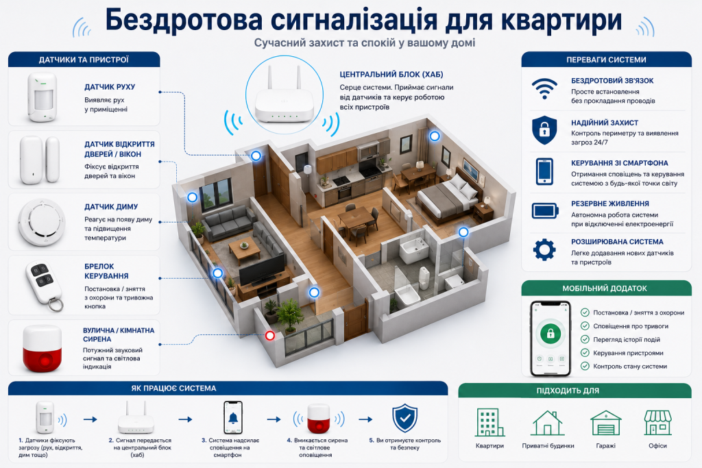 Інфографіка про бездротову охоронну сигналізацію для квартири з датчиками руху, відкриття, сиреною, хабом і керуванням зі смартфона