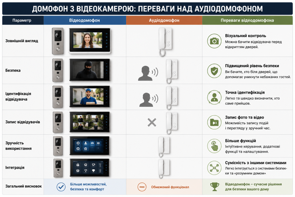 Порівняльна таблиця відеодомофона та аудіодомофона за безпекою, ідентифікацією відвідувачів, записом і функціями.