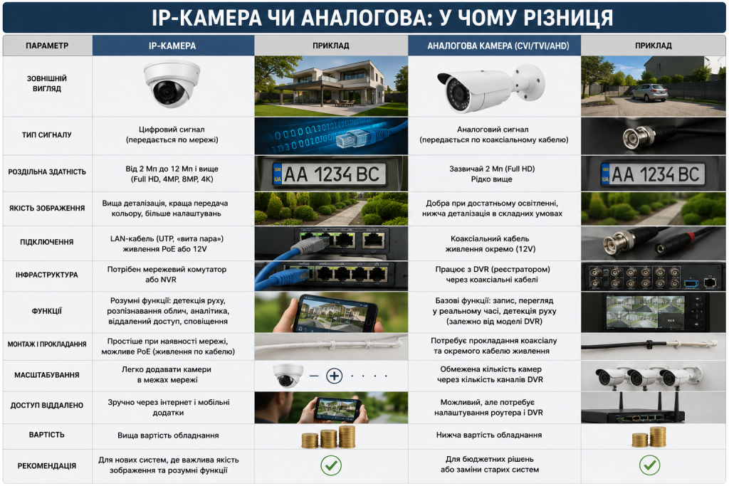 Порівняльна таблиця IP-камери та аналогової камери відеоспостереження за якістю, підключенням, функціями та монтажем.