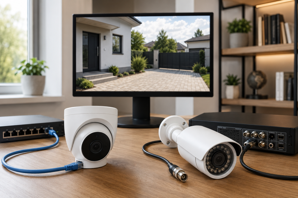IP-камера з мережевим кабелем та аналогова камера з коаксіальним підключенням поруч із обладнанням відеоспостереження.