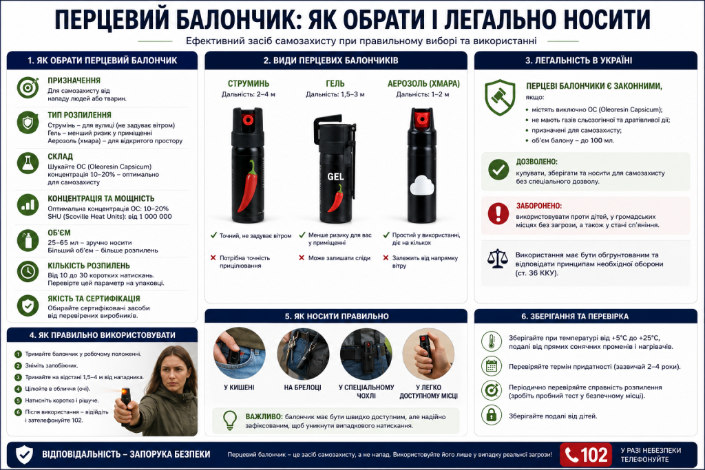 Інфографіка про вибір перцевого балончика для самозахисту, види розпилення, правила носіння, зберігання та законність.
