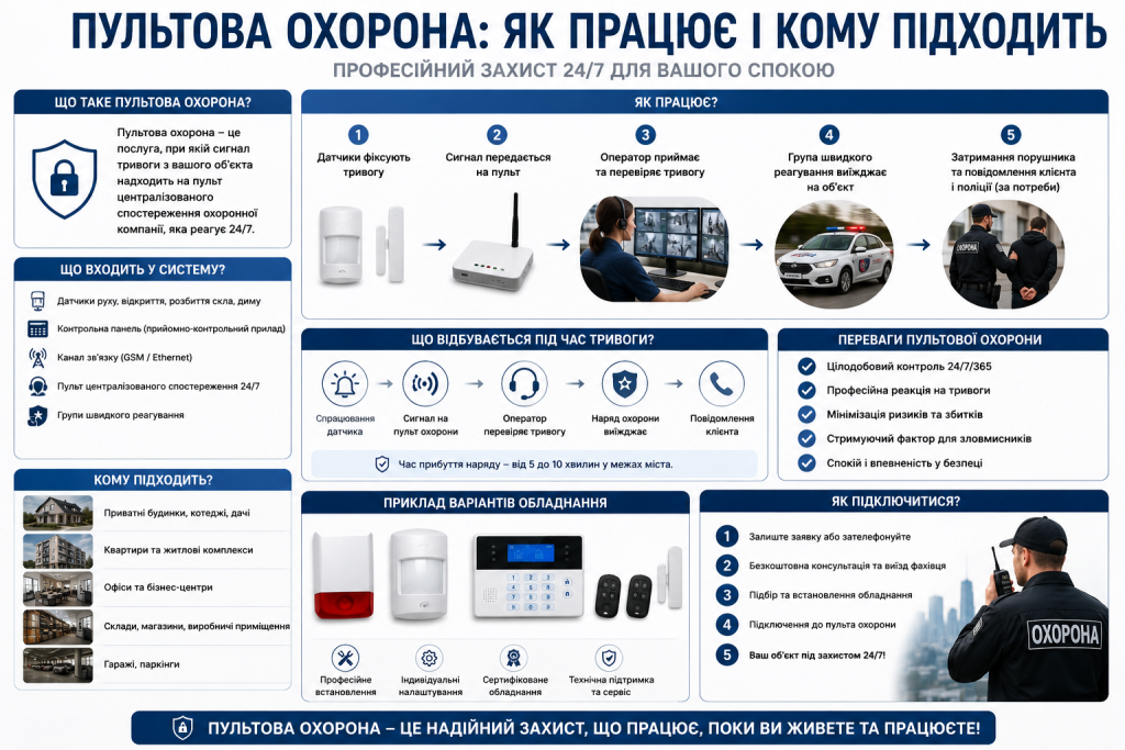 Інфографіка про пультову охорону, передачу сигналу тривоги оператору, виїзд групи реагування та основні переваги системи