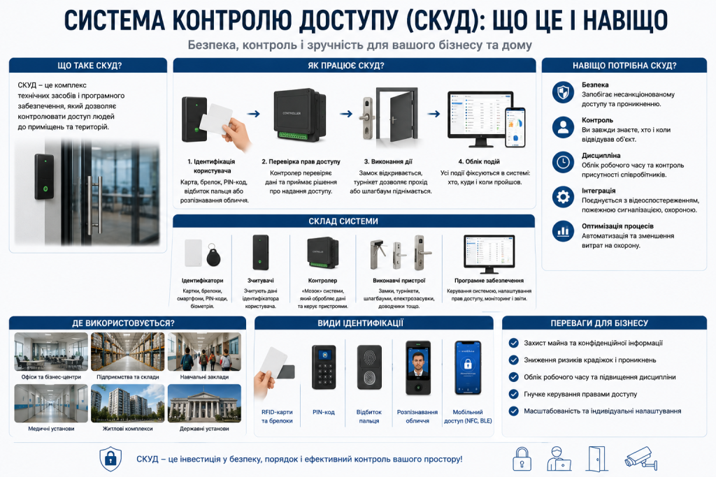 Інфографіка про систему контролю та управління доступом, її обладнання, принцип роботи, способи ідентифікації та переваги
