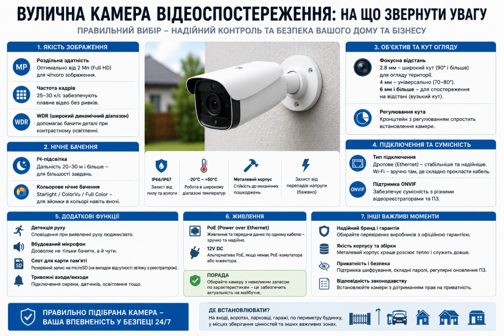 Інфографіка про вибір вуличної камери відеоспостереження за роздільною здатністю, нічним баченням, кутом огляду, захистом та живленням