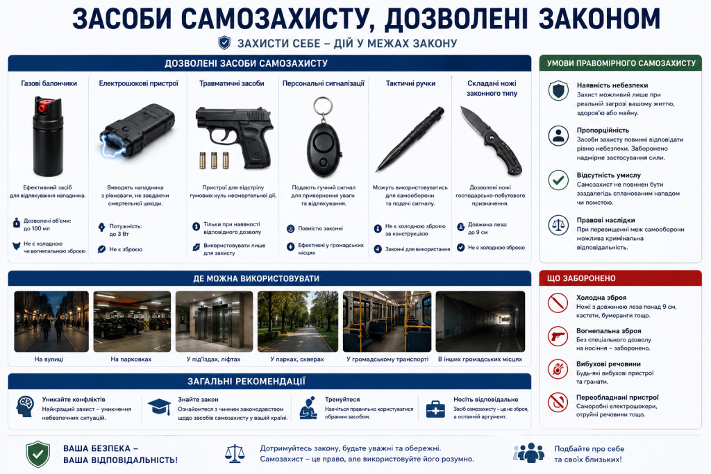 Інфографіка з різними засобами самозахисту та поясненнями щодо умов їх використання і правових обмежень