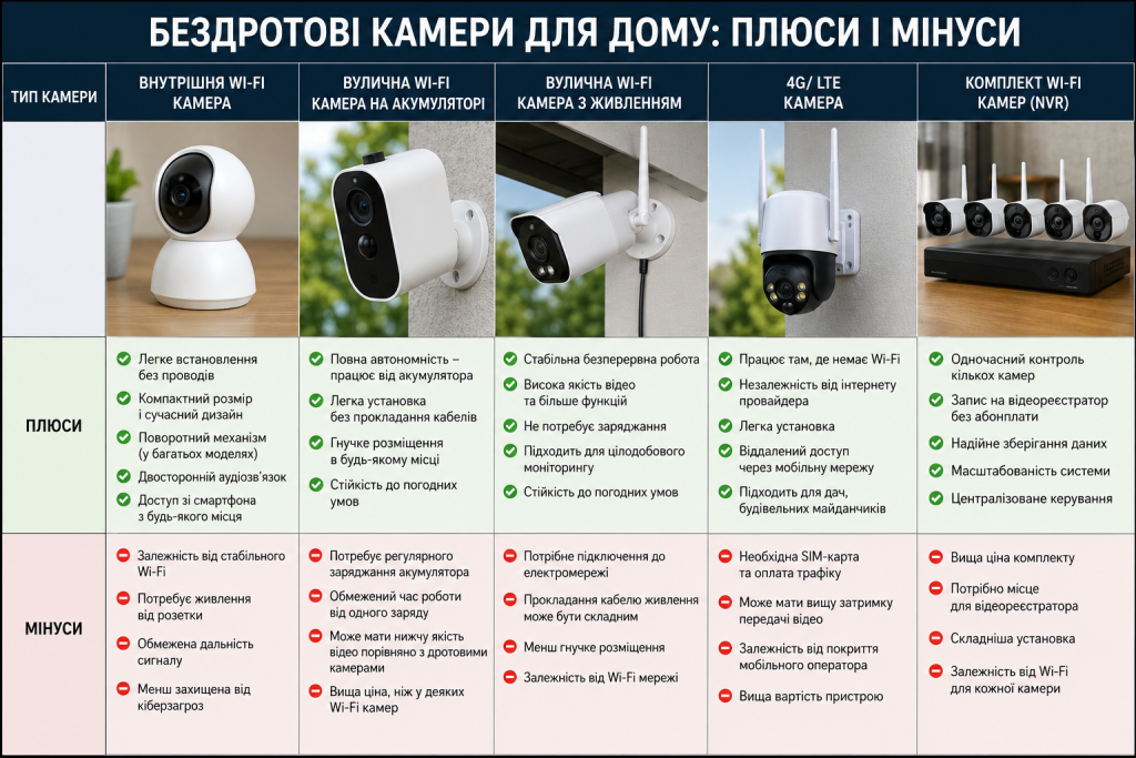 Таблиця порівняння бездротових камер для дому: Wi-Fi, акумуляторних, 4G LTE камер і комплектів відеоспостереження