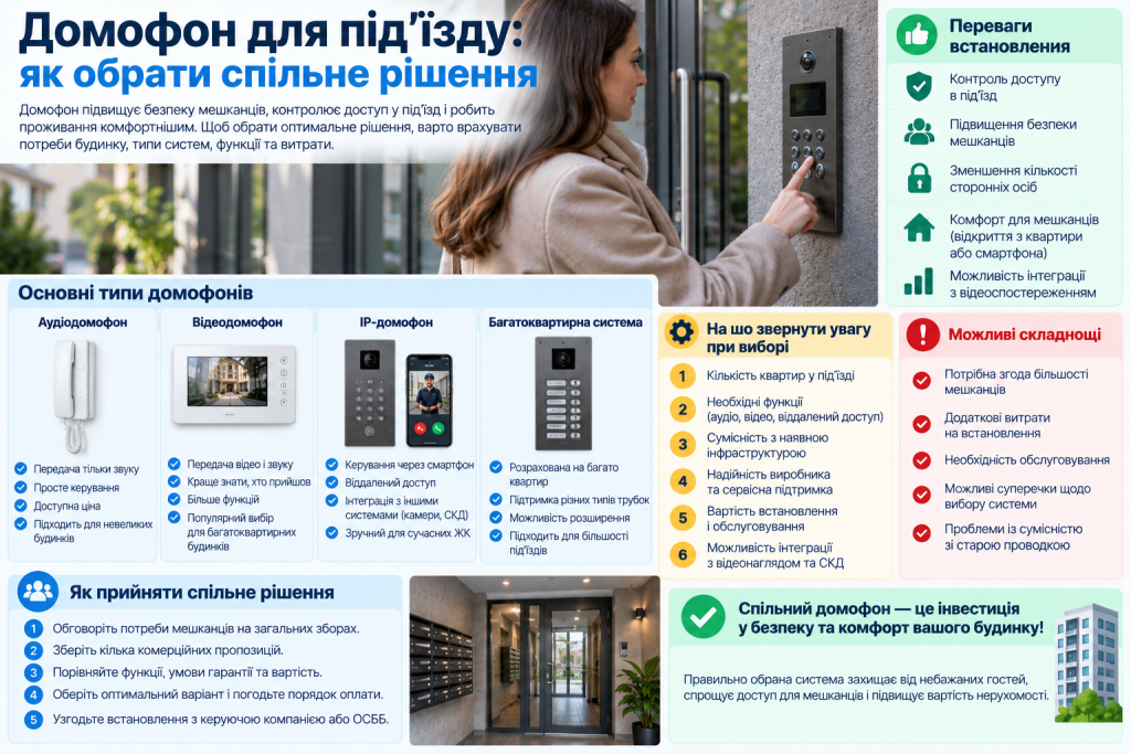 Інфографіка про домофони для багатоквартирного будинку, аудіо- та відеодомофони, IP-системи, переваги й критерії вибору.