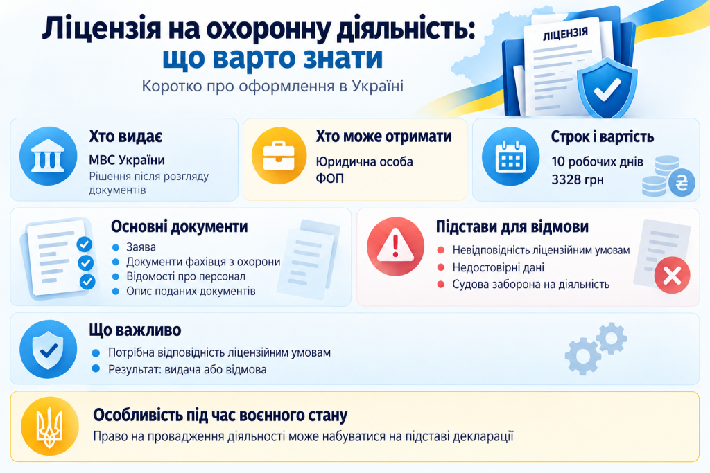 Інфографіка про отримання ліцензії на охоронну діяльність в Україні, необхідні документи, строки оформлення та основні вимоги.