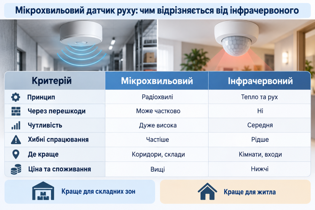 Інфографіка з порівнянням мікрохвильового та інфрачервоного датчиків руху за принципом роботи, чутливістю, застосуванням і можливими хибними спрацюваннями.