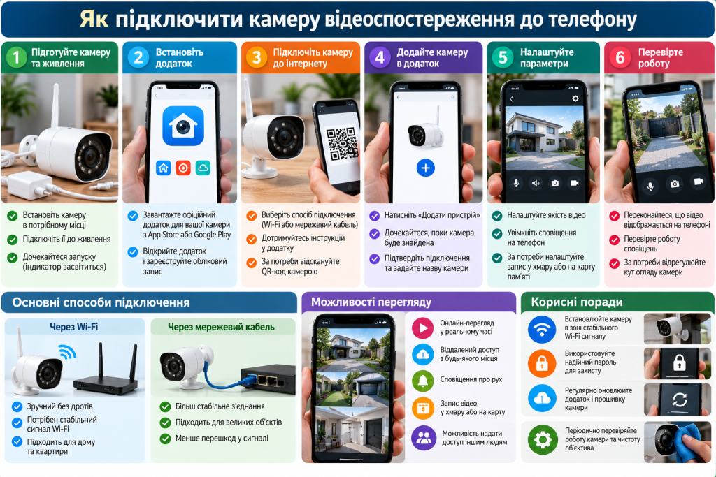 Інфографіка з шістьма етапами підключення камери відеоспостереження до смартфона через Wi-Fi або мережевий кабель, налаштування застосунку та віддаленого перегляду.