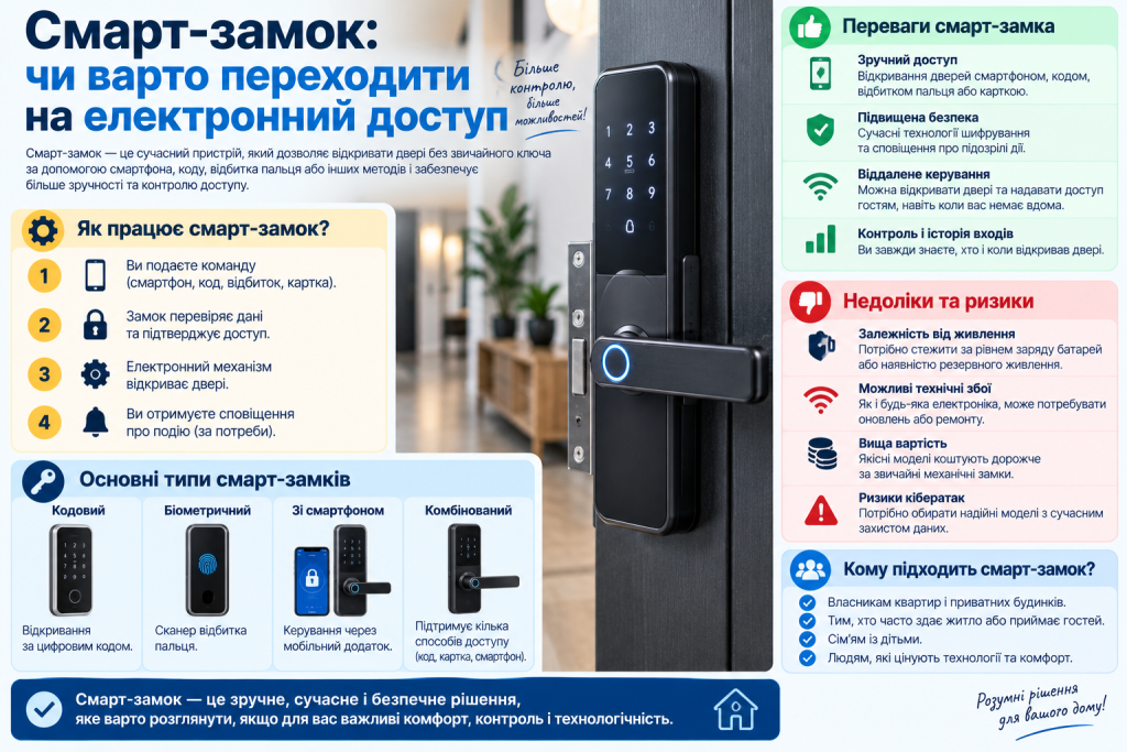 Інфографіка про смарт-замок для дверей, принцип роботи, види електронних замків, переваги, недоліки та способи керування.