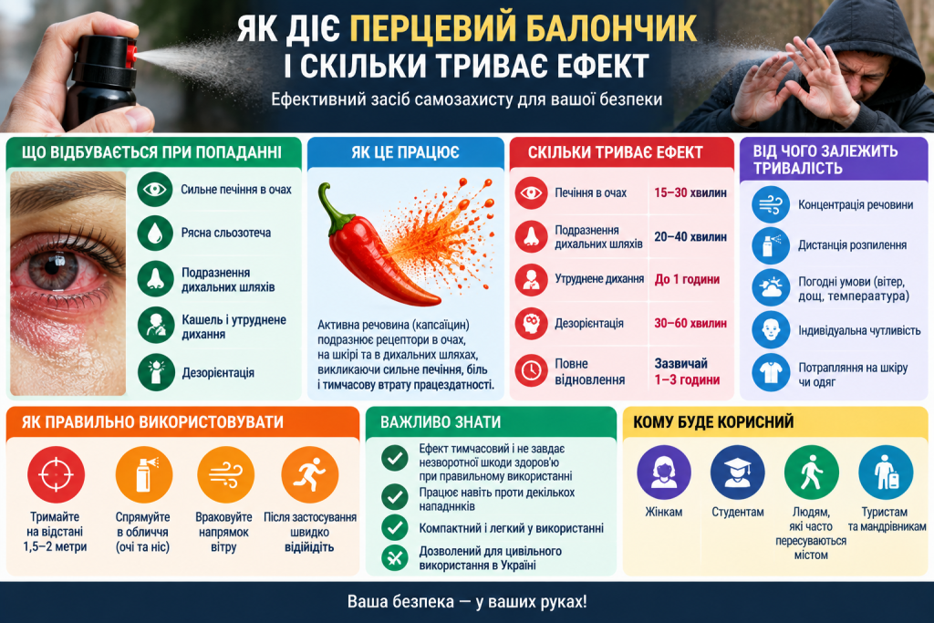 Інфографіка про дію перцевого балончика, симптоми після розпилення, тривалість ефекту та правила використання засобу самозахисту