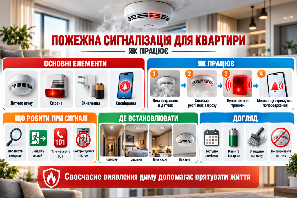 Інфографіка про пожежну сигналізацію для квартири, датчик диму, сирену, сповіщення, принцип роботи та правила встановлення